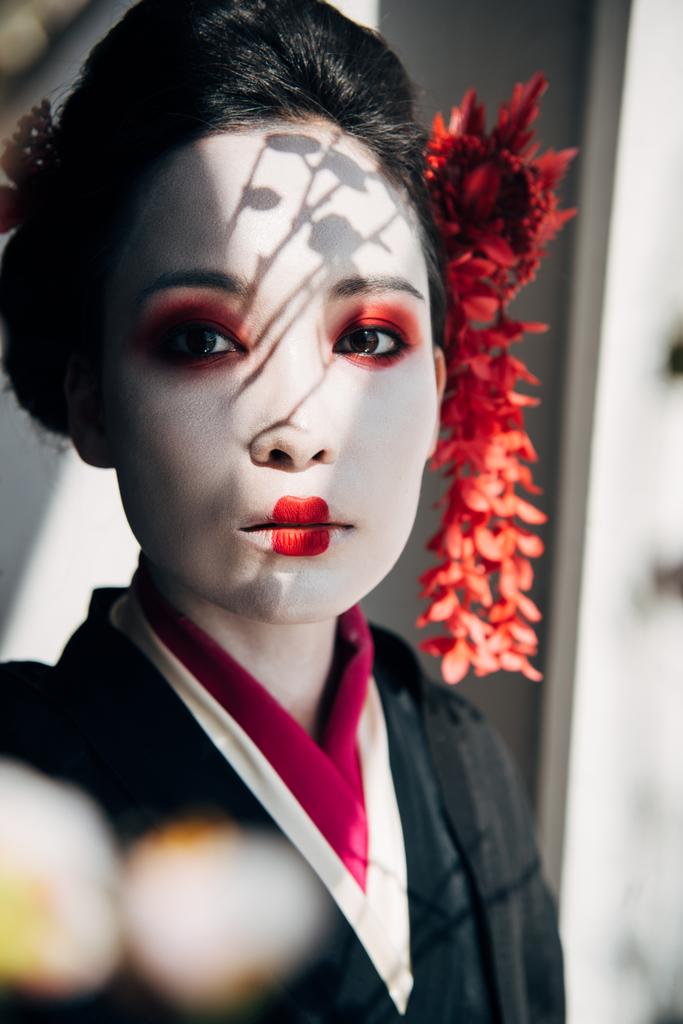 selective focus of sakura branches and beautiful geisha with red and white makeup in sunlight - Photo, Image
