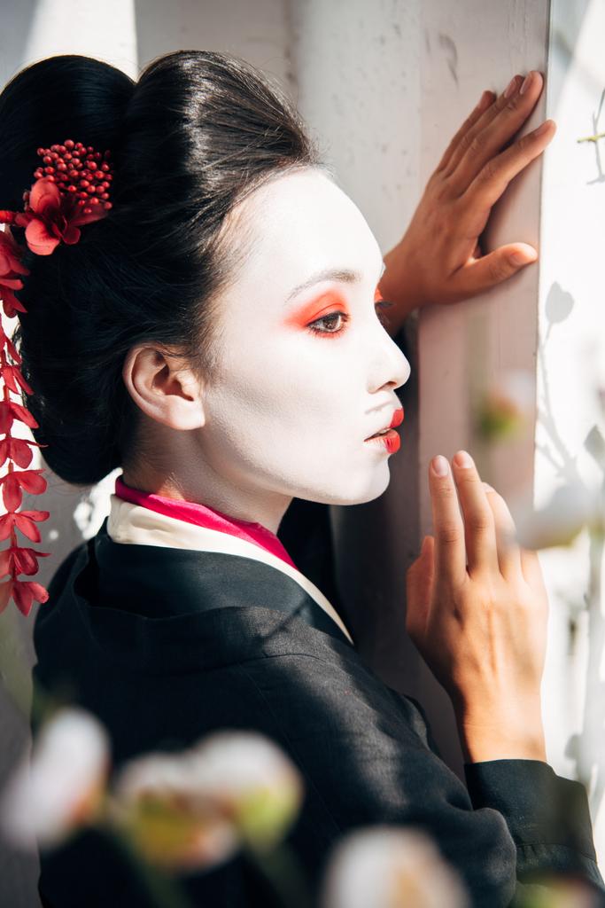 fuoco selettivo di rami di sakura e bella geisha vicino alla parete bianca alla luce del sole
 - Foto, immagini