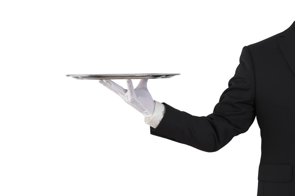 Kelner przytrzymanie puste srebrna taca na białym tle  - Zdjęcie, obraz