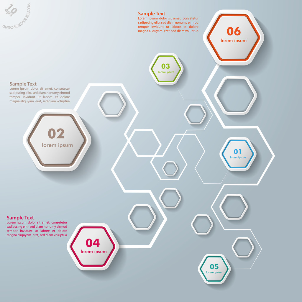 Connessioni astratte colorate Esagoni Infografica 6 Opzioni
 - Vettoriali, immagini