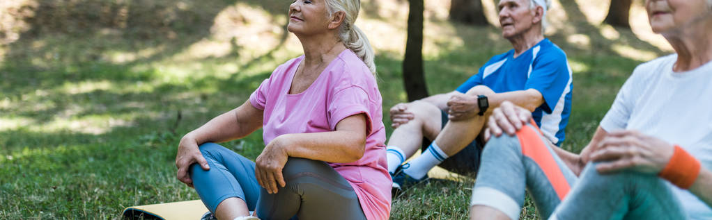 plano panorámico de las mujeres mayores y el hombre sentado en colchonetas de fitness en el parque
  - Foto, imagen