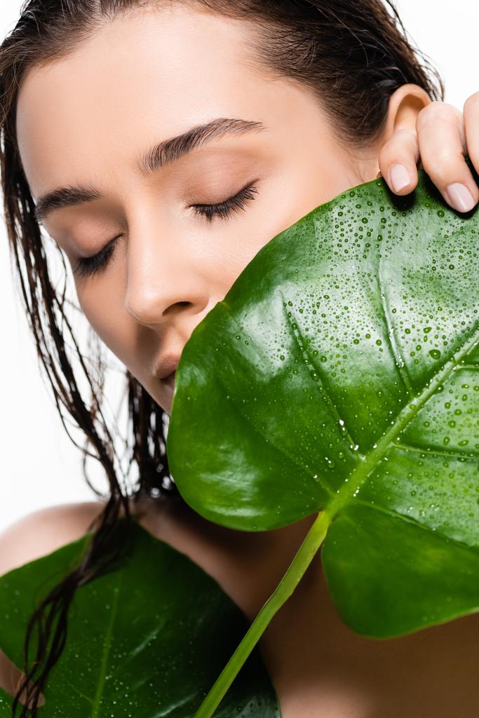 όμορφη υγρή γυμνή νεαρή γυναίκα με κλειστά μάτια κρατώντας πράσινα φύλλα παλάμης με σταγόνες νερού απομονωμένα σε λευκό - Φωτογραφία, εικόνα