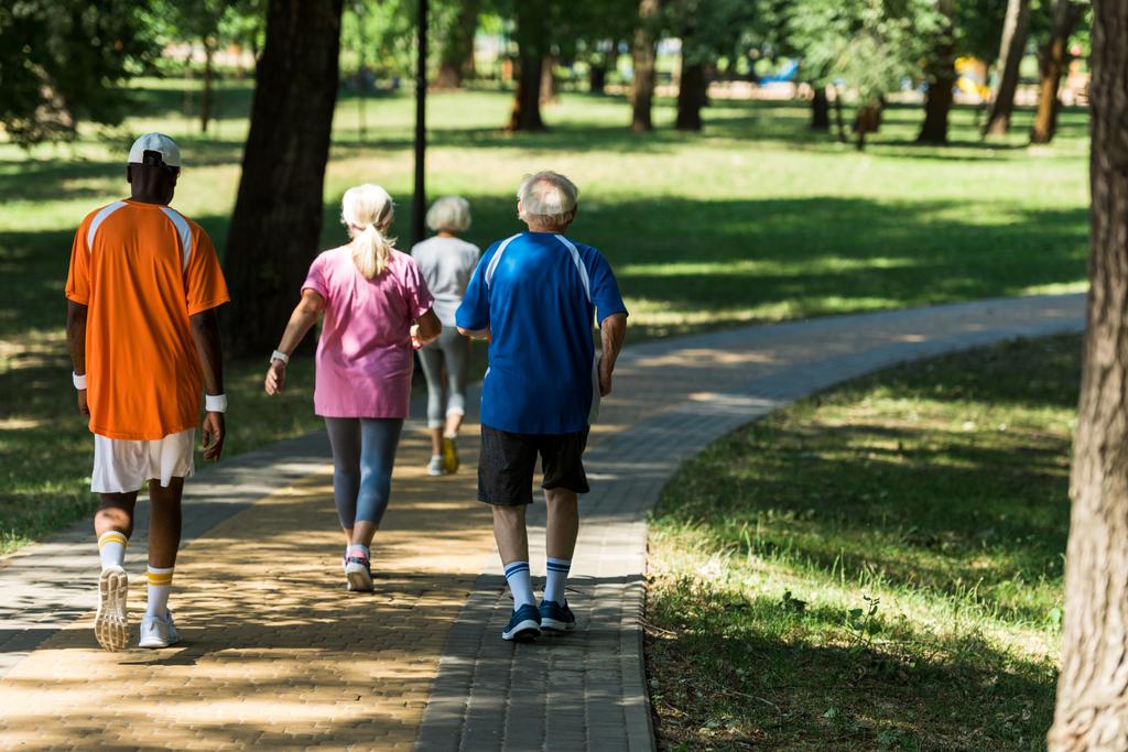vista trasera de pensionistas multiculturales jubilados en ropa deportiva caminando en la pasarela en el parque
 - Foto, Imagen