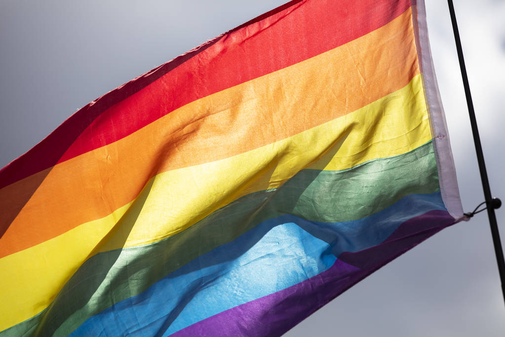 Una bandera de arco iris de orgullo gay LGBT ondeada en un evento de celebración de la comunidad de orgullo
 - Foto, Imagen