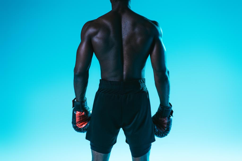 vista posterior del deportista afroamericano musculoso en pantalones cortos y guantes de boxeo sobre fondo azul
 - Foto, Imagen