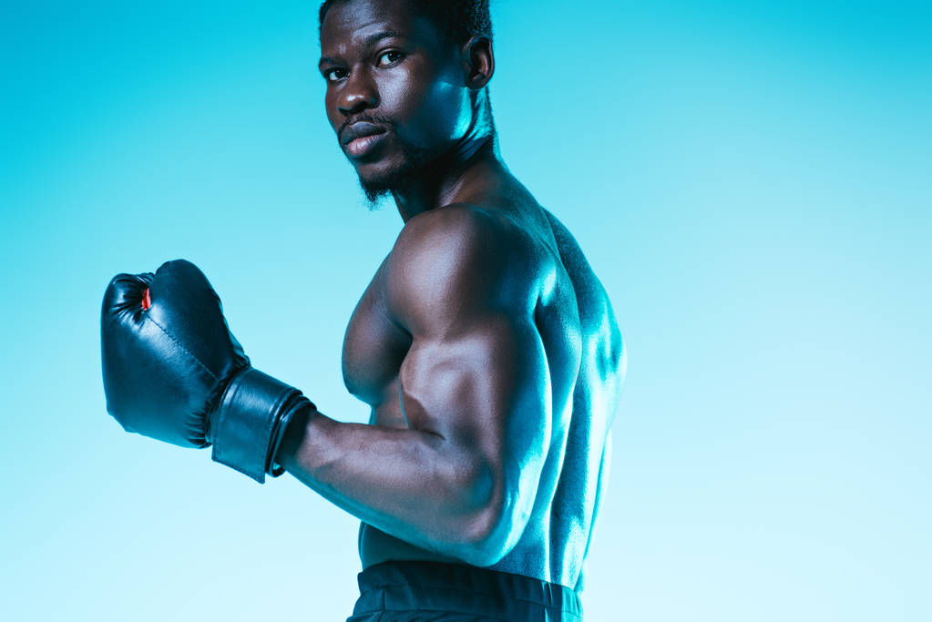 青い背景にカメラを見て筋肉の胴体を持つ深刻なアフリカ系アメリカ人のボクサー - 写真・画像