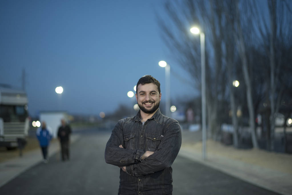 man with a beard poses on winter day in outdoor nighttime image - Photo, Image