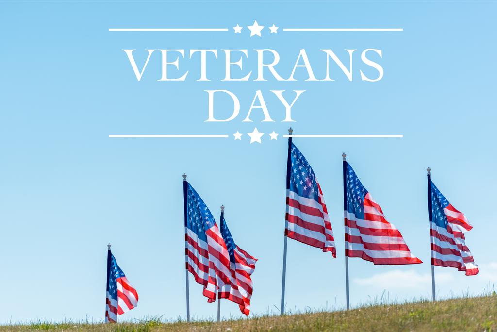 national american flags on green grass against blue sky with veterans day illustration - Photo, Image
