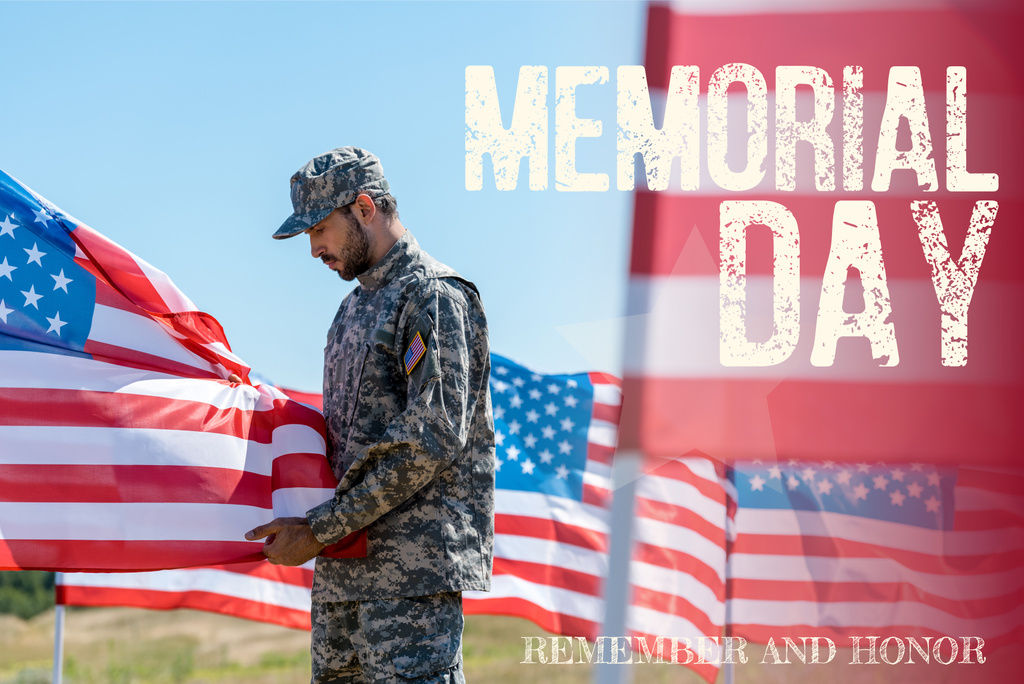 selektiver Fokus des Mannes in Militäruniform und Mütze stehend und anrührend amerikanische Flagge mit Gedenktag, Erinnerungs- und Ehrenillustration - Foto, Bild