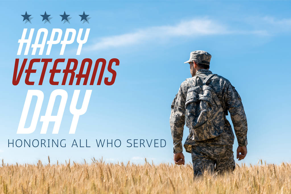 soldato in uniforme militare con zaino in piedi in campo con grano dorato con felice giorno dei veterani, onorando tutti coloro che hanno servito illustrazione
 - Foto, immagini