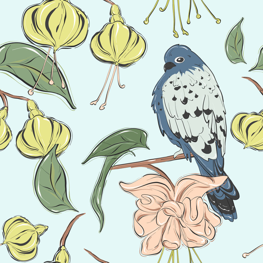 Pastel azul verde textura de verão com pássaro, planta e flores. repetição desenho desenhado à mão. Natureza padrão floral com flores, folhas, animais ilustração
 - Vetor, Imagem