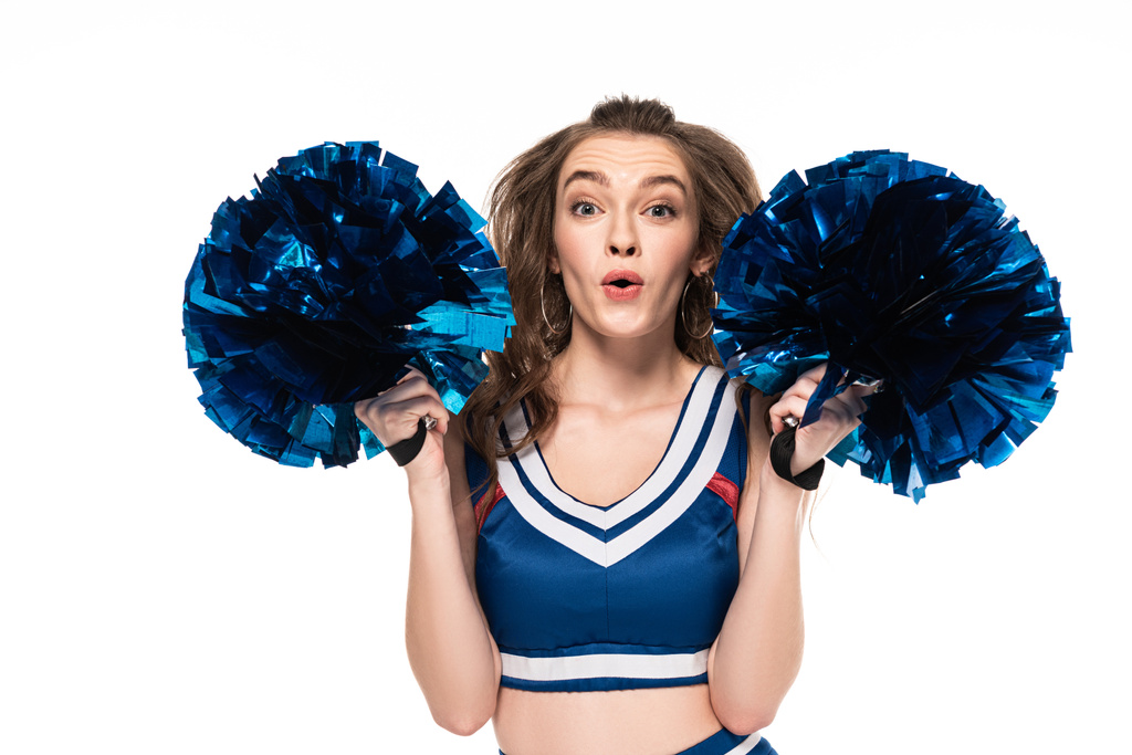 excited cheerleader girl in blue uniform dancing with pompoms isolated on white - Photo, Image