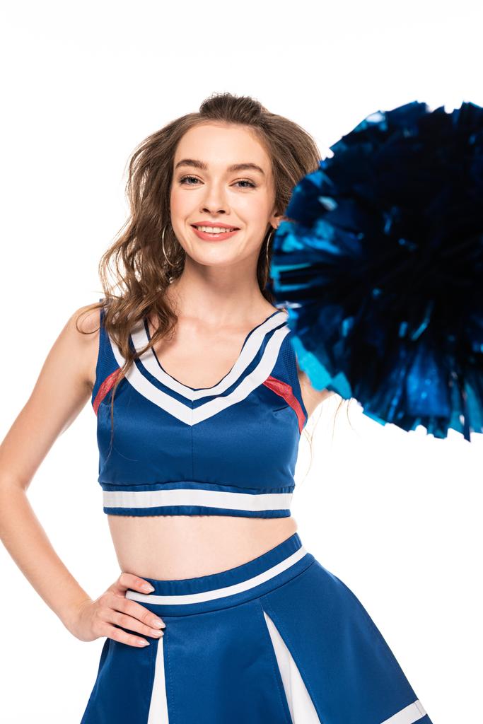 felice bella ragazza cheerleader in uniforme blu con pompon isolato su bianco
 - Foto, immagini