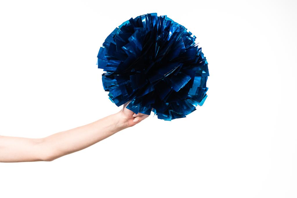 cropped view of cheerleader girl holding blue pompom isolated on white - Photo, Image