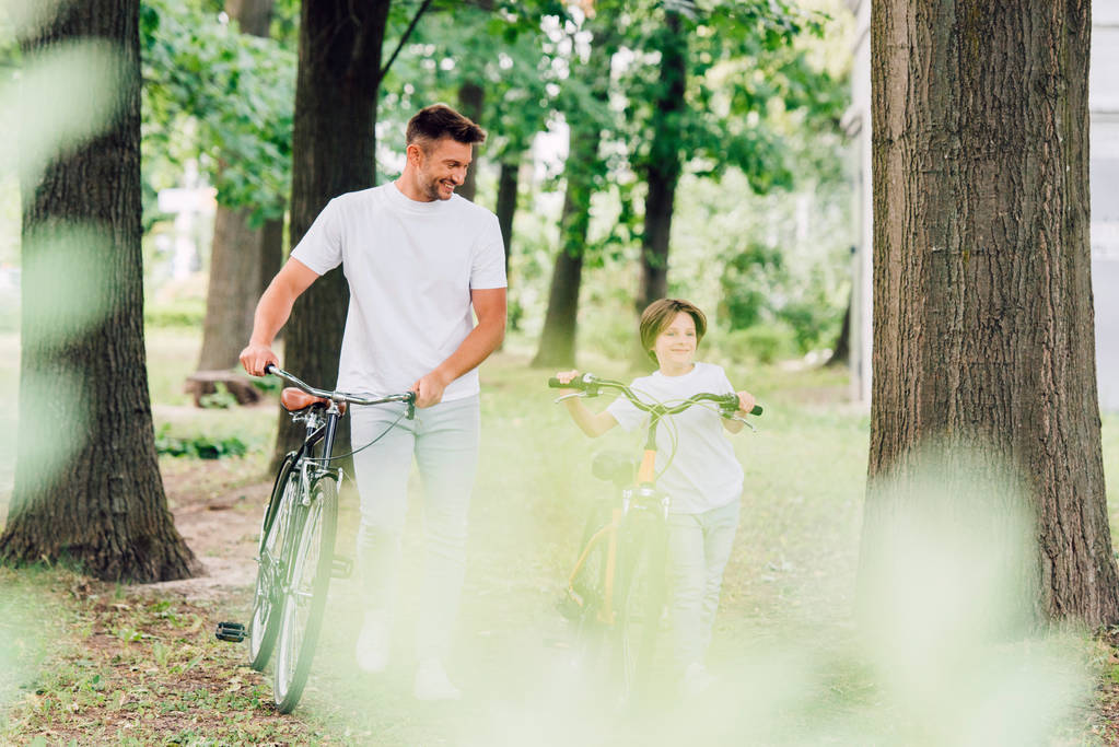 selektywne skupienie ojca i syna uśmiechnięte podczas chodzenia w parku z rowerami  - Zdjęcie, obraz