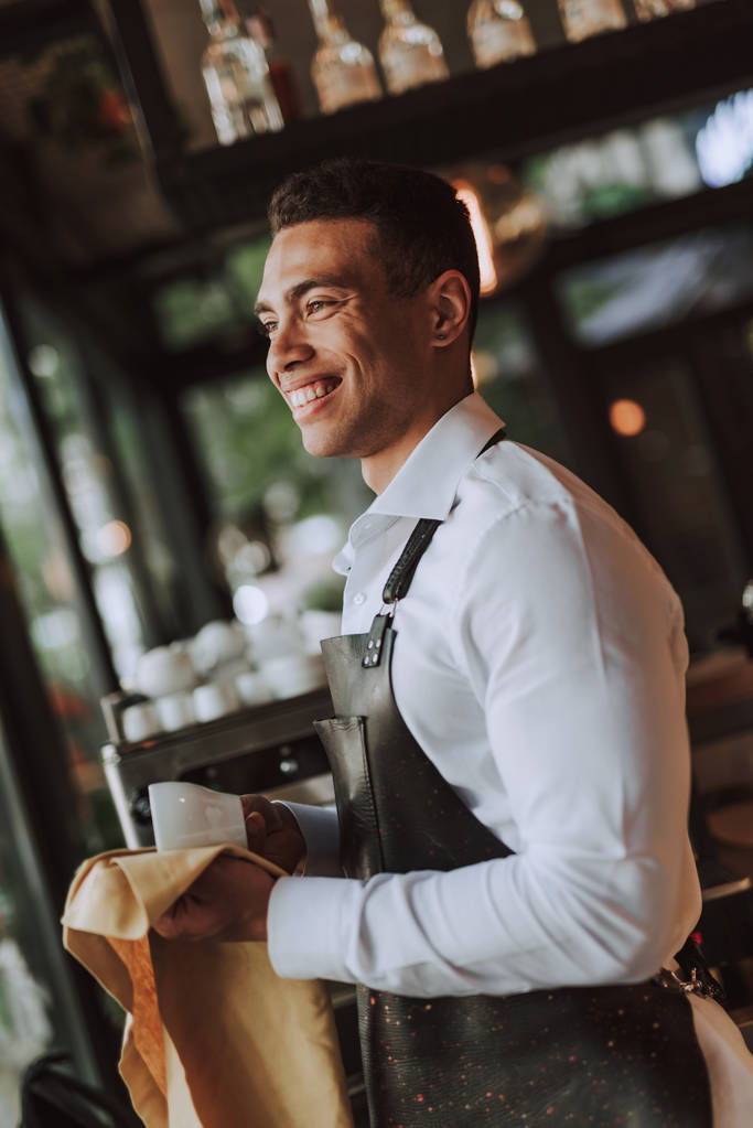 Barman alegre limpiando taza blanca con paño de limpieza en la cafetería
 - Foto, Imagen