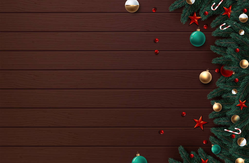 Grinalda de Natal com decorações vermelhas e douradas, fitas e bagas. Fundo de textura de madeira. Ilustração vetorial
 - Vetor, Imagem