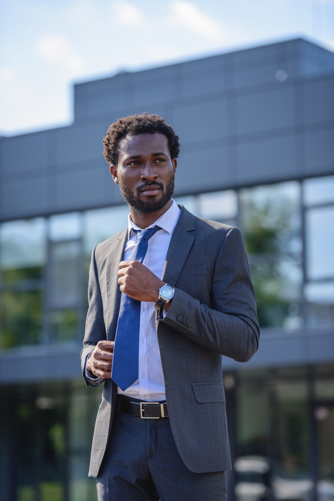 confident african american businessman touching tie and looking away - Photo, Image
