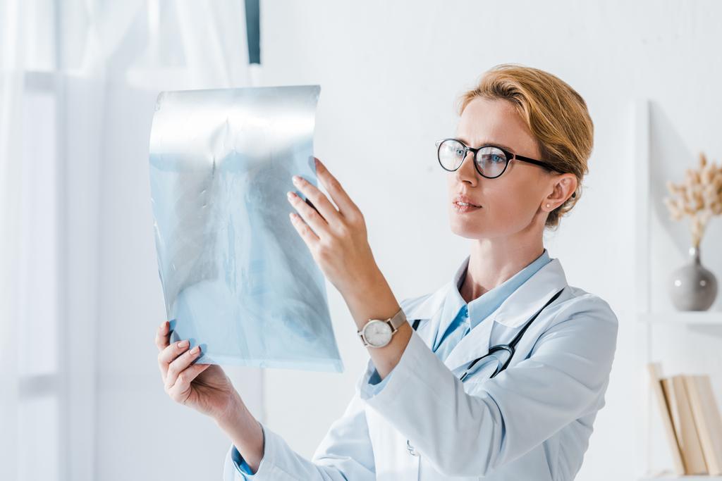 houkutteleva silmälasipäinen lääkäri katselee röntgenkuvaa klinikalla
  - Valokuva, kuva