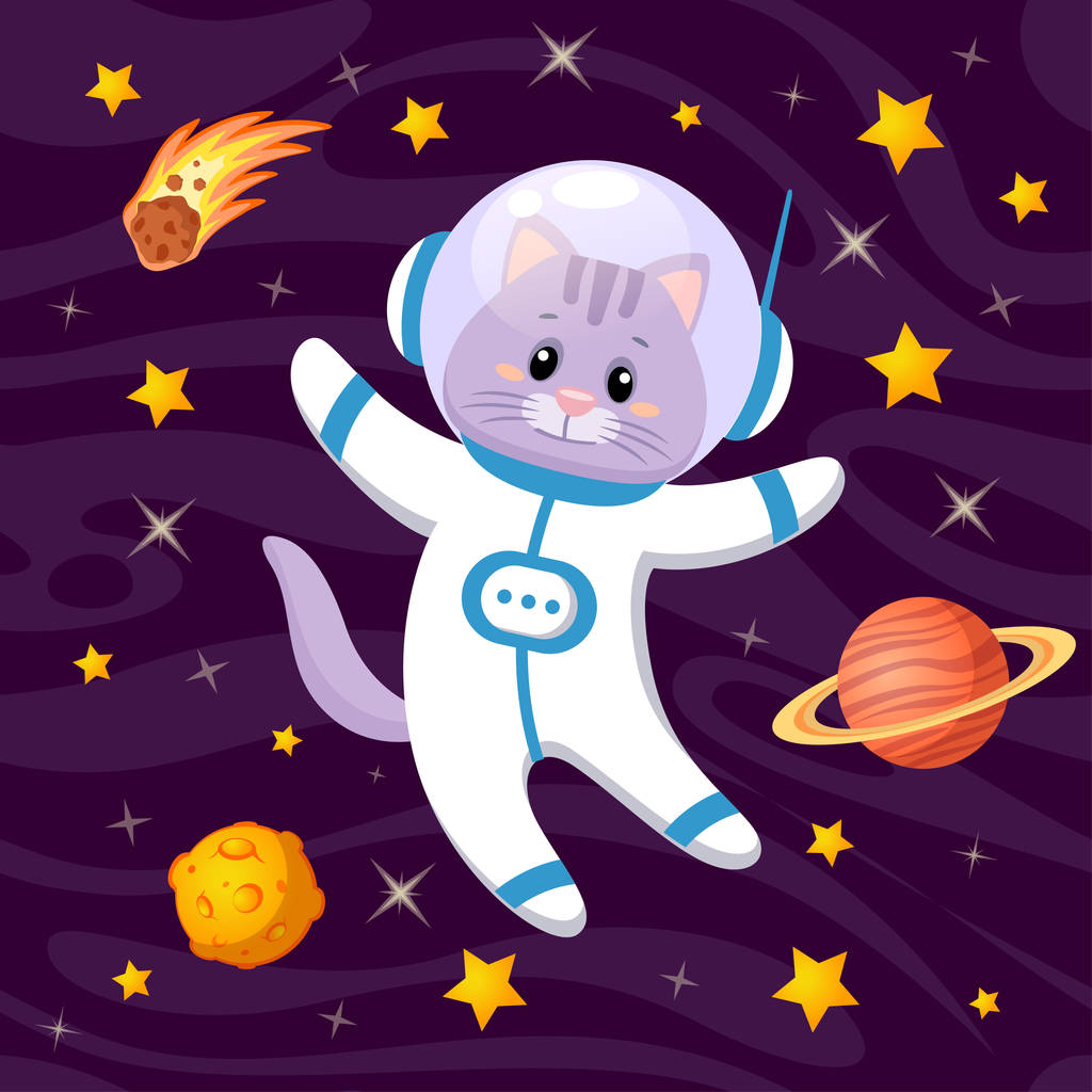 Aranyos Cartoon macska űrhajós az űrben - Vektor, kép