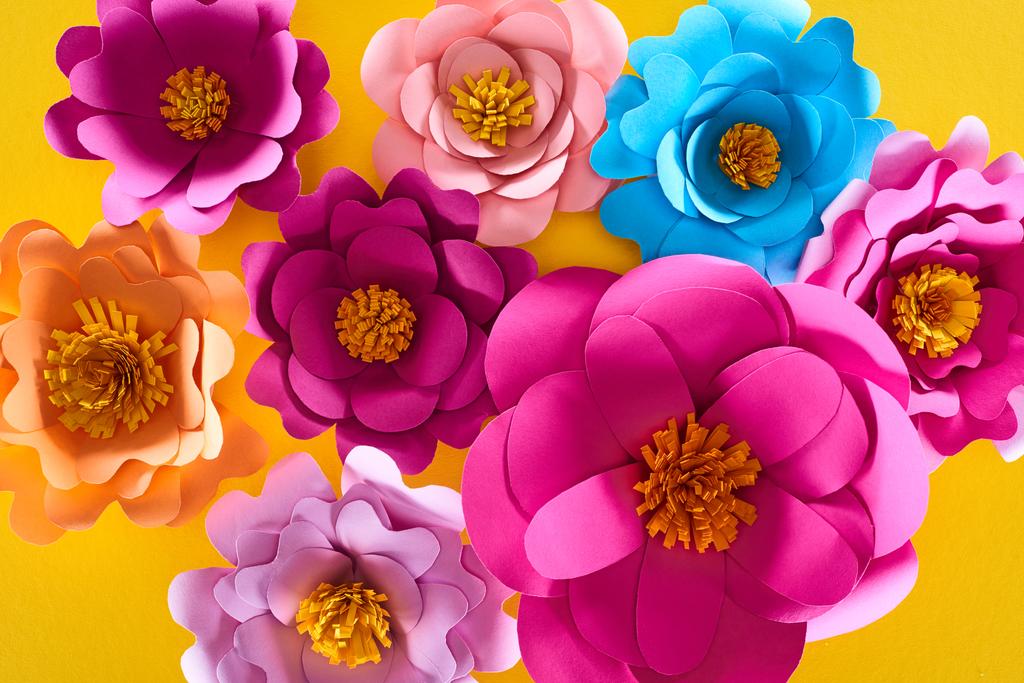 vue du dessus des fleurs multicolores coupées en papier sur fond jaune
 - Photo, image
