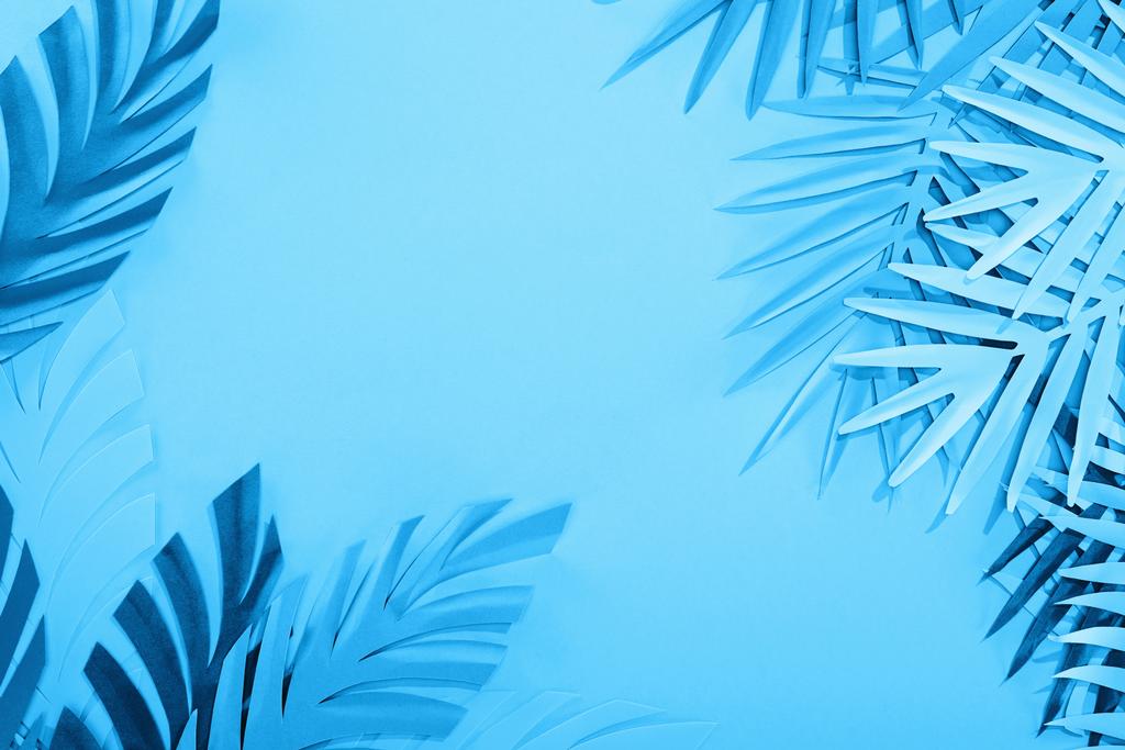 Rama liści papierowych na niebieskim minimalistyczne tło z kopią przestrzeni - Zdjęcie, obraz