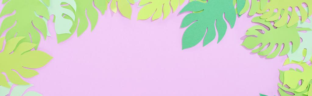ylhäältä näkymä vihreä paperi leikata trooppisia lehtiä violetti tausta kopioi tilaa, panoraama laukaus
 - Valokuva, kuva