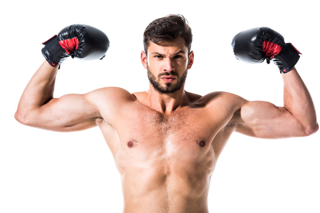 Боксер без рубашки показывает мышцы, изолированные на белом
 - Фото, изображение