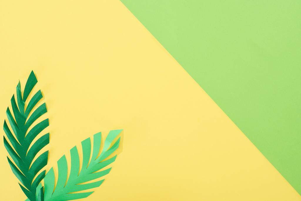vista dall'alto di foglie di palma tagliate di carta su sfondo giallo e verde brillante con spazio copia
 - Foto, immagini