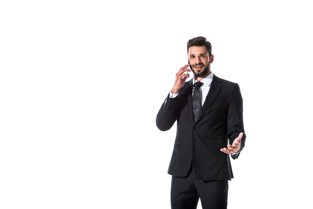 бізнесмен говорить на смартфоні Ізольовані на білому з копіювальним простором
 - Фото, зображення