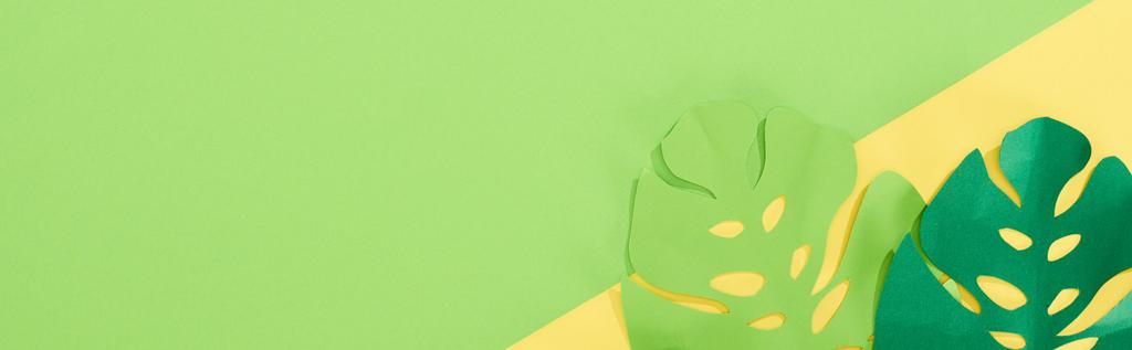 vista superior do papel cortar folhas tropicais verdes no fundo brilhante amarelo e verde com espaço de cópia, tiro panorâmico
 - Foto, Imagem