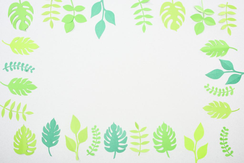 コピースペースで白に隔離された緑色の紙カット熱帯の葉の上のビュー - 写真・画像