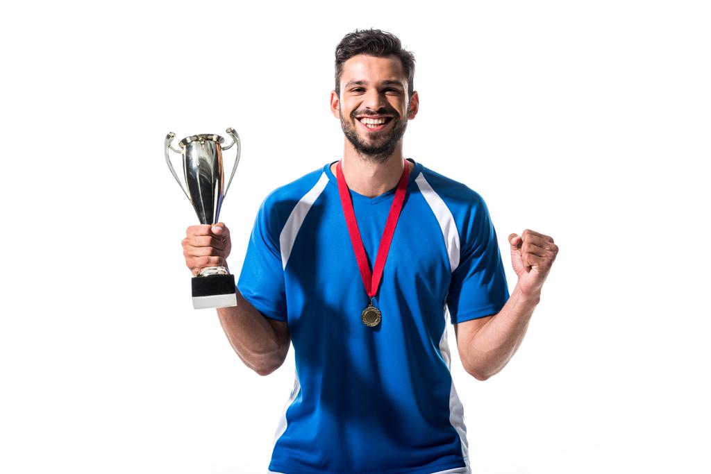 happy soccer player with trophy cup and medal Isolated On White - Photo, Image
