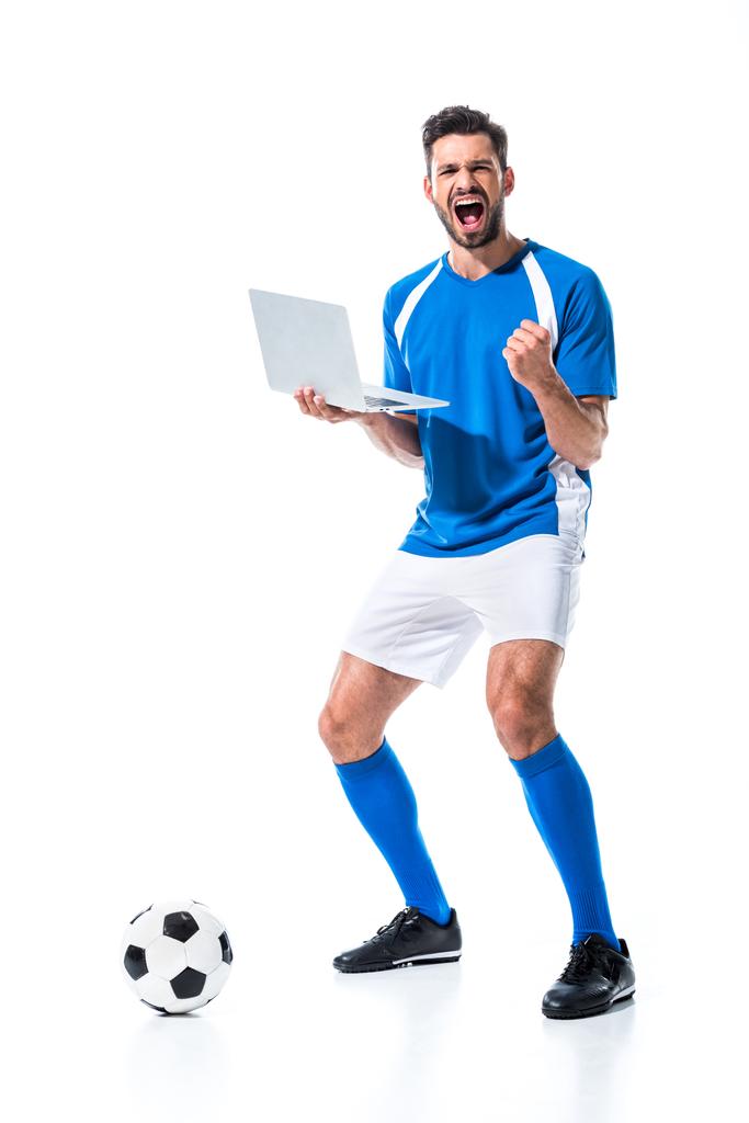 soccer player using laptop and cheering Isolated On White - Photo, Image
