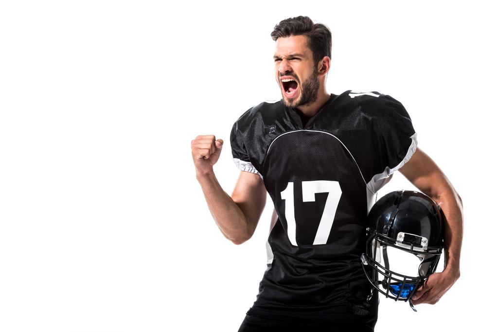 arrabbiato giocatore di football americano con la mano serrata isolato su bianco
 - Foto, immagini