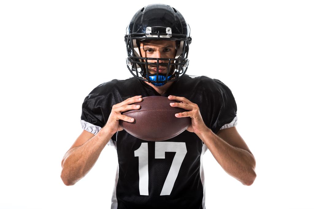 American Football player with ball looking at camera Isolated On White - Photo, Image