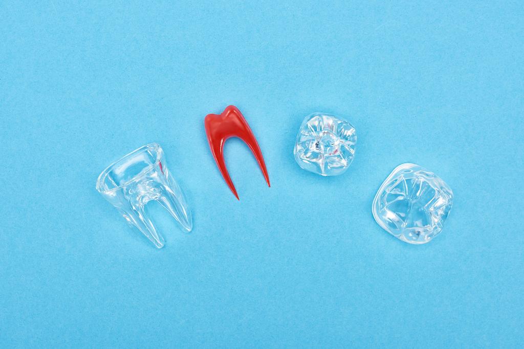 верхний вид модели силиконового зуба рядом с красным зубным корнем и зубными пломбами, изолированными на синем
  - Фото, изображение
