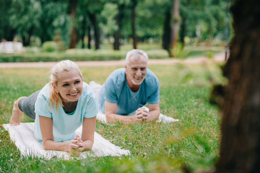 селективный фокус улыбающихся зрелых мужчин и женщин, делающих упражнения на доске во время занятий йогой в парке
 - Фото, изображение