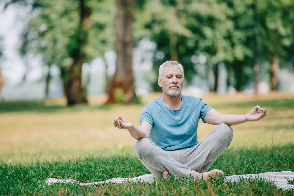 przystojny dojrzały mężczyzna medytacja podczas siedzący w Lotus Pose w Park - Zdjęcie, obraz