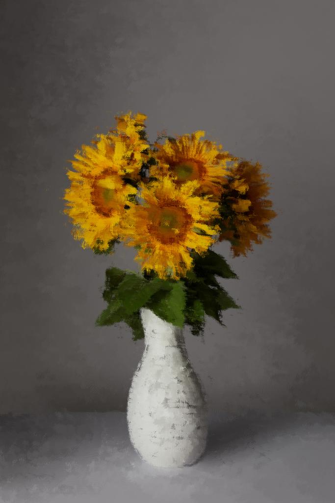 灰色の花瓶に黄色と咲くひまわりを塗った  - 写真・画像