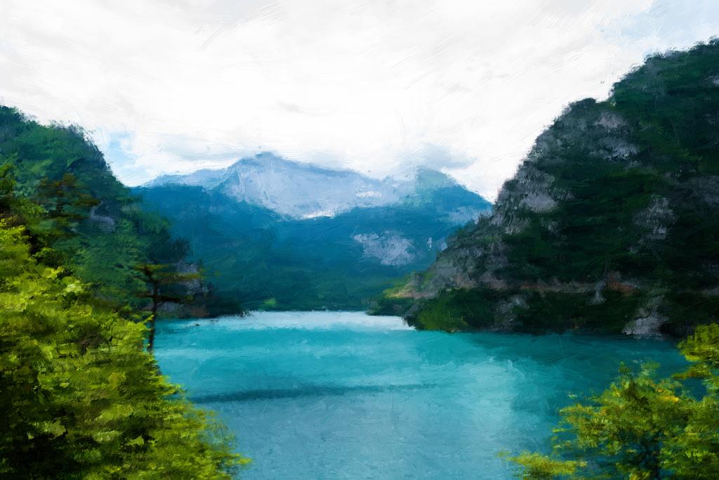 namalované modré jezero nedaleko zelených stromů a hor  - Fotografie, Obrázek