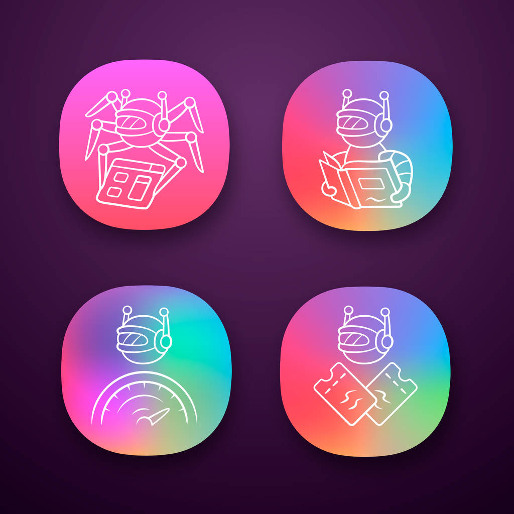 Internet bots app icons set. Crawler, text-reading, optimizer, scalper robot. Artificial intelligence. AI. Software app. UI/UX user interface. Web or mobile applications. Vector isolated illustrations - Vector, Image