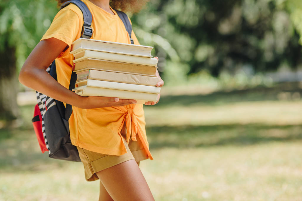 cropped view of african american schoolgirl with backpack holding books  - Photo, Image