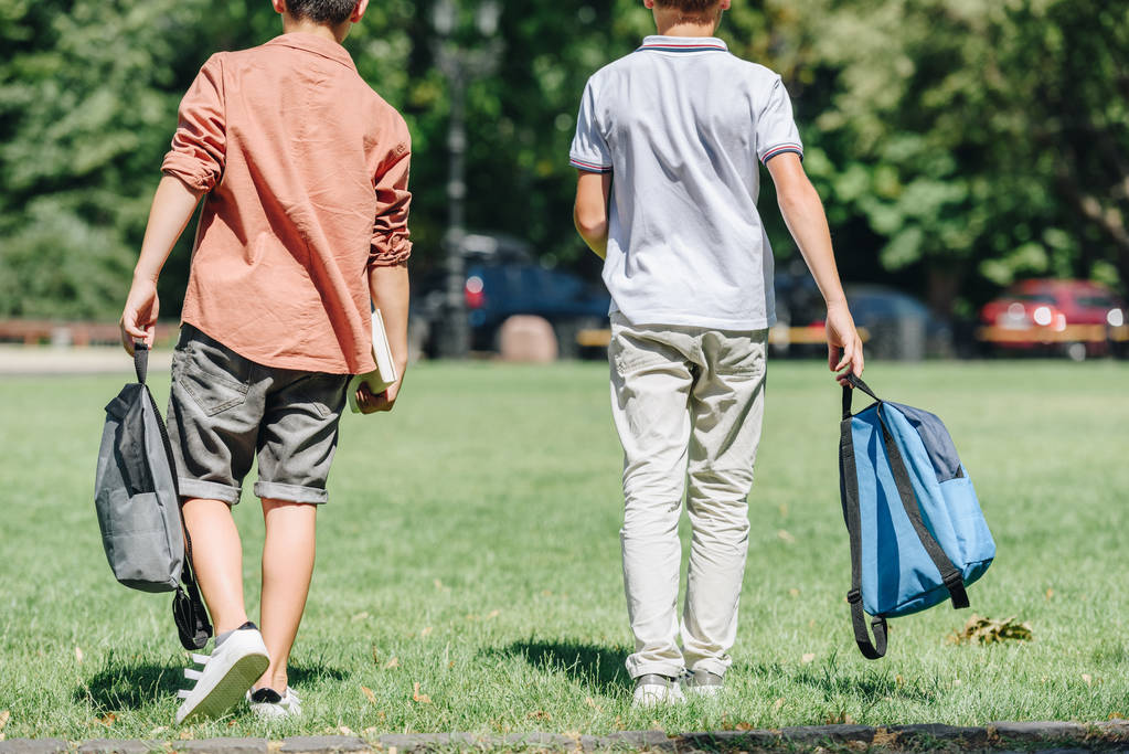 Rückansicht von zwei Schülern mit Rucksäcken, die auf Rasen im Park spazieren - Foto, Bild