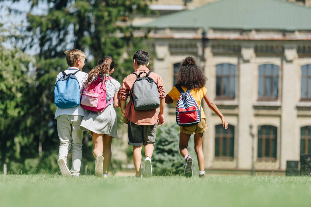 назад вид четырех мультикультурных школьников с рюкзаками прогуливаясь по газону в парке
 - Фото, изображение