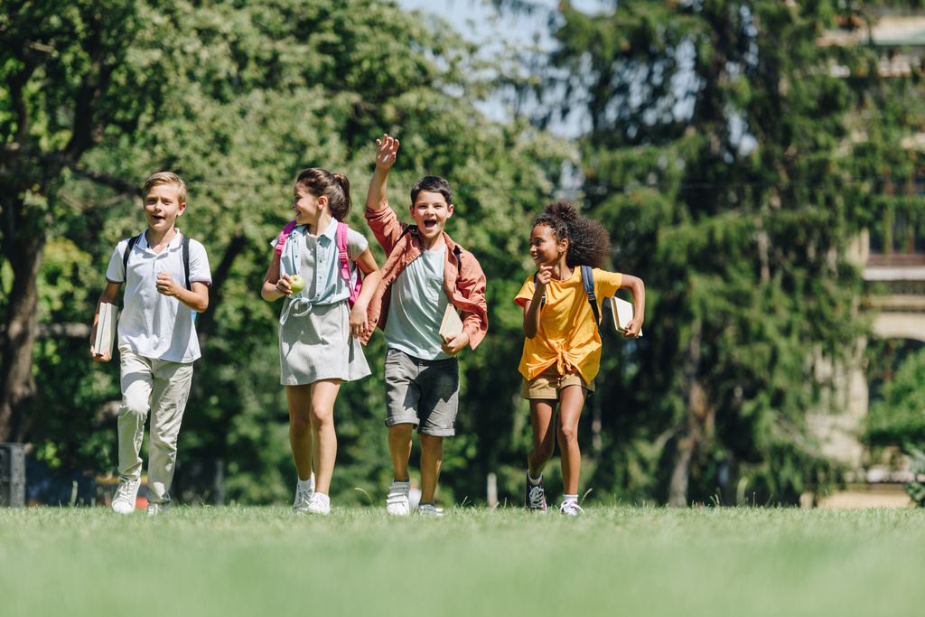 公園の緑の芝生の上を走る4人の幸せな多文化の小学生  - 写真・画像