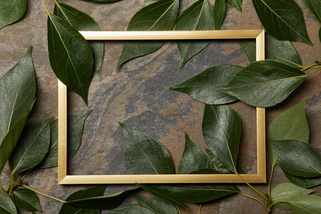 top view of empty golden frame on stone background with copy space and green leaves - Photo, Image