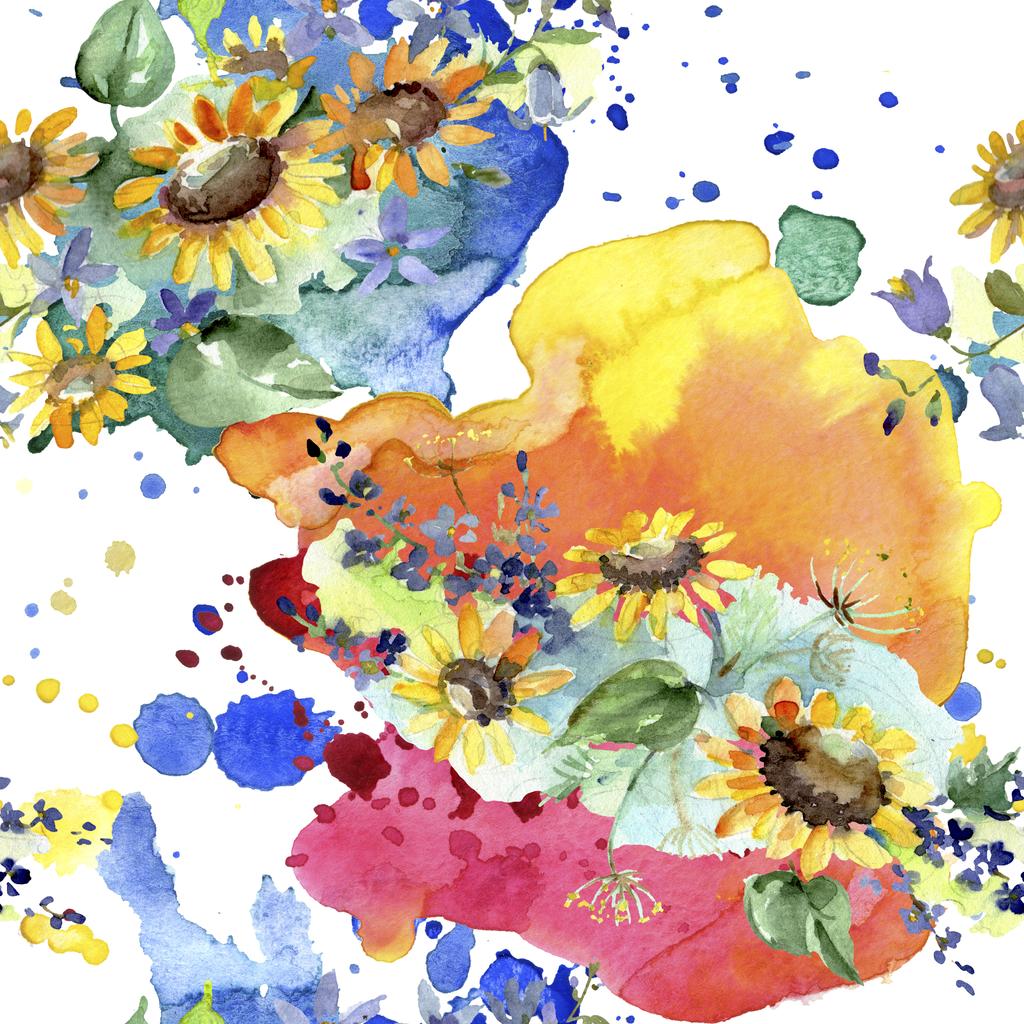 ヒマワリの植物の花と花束。野生の春の葉の野生の花。●水彩イラストセット。水彩画ファッションアクアレル。シームレスな背景パターン。ファブリック壁紙プリントテクスチャ. - 写真・画像