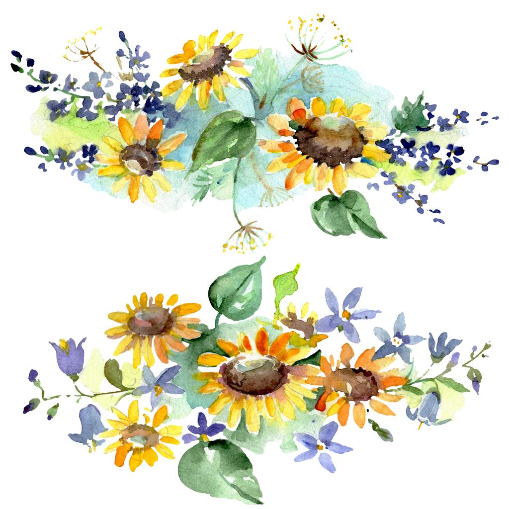 ヒマワリの花の植物の花と花束 野生の春の葉の野生の花 水彩背景イラストセット 水彩画ファッションアクアレル 孤立した花束イラスト要素 ロイヤリティ フリー写真 画像素材