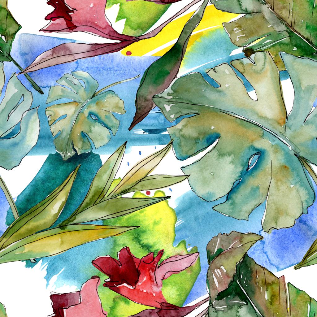 Egzotikus trópusi Hawaii nyár. Palm Beach fa elhagyja dzsungel botanikus. Akvarell illusztráció meg. Akvarell rajz Aquarelle. Folytonos háttérmintázat. Szövet tapéta nyomtatási textúra. - Fotó, kép